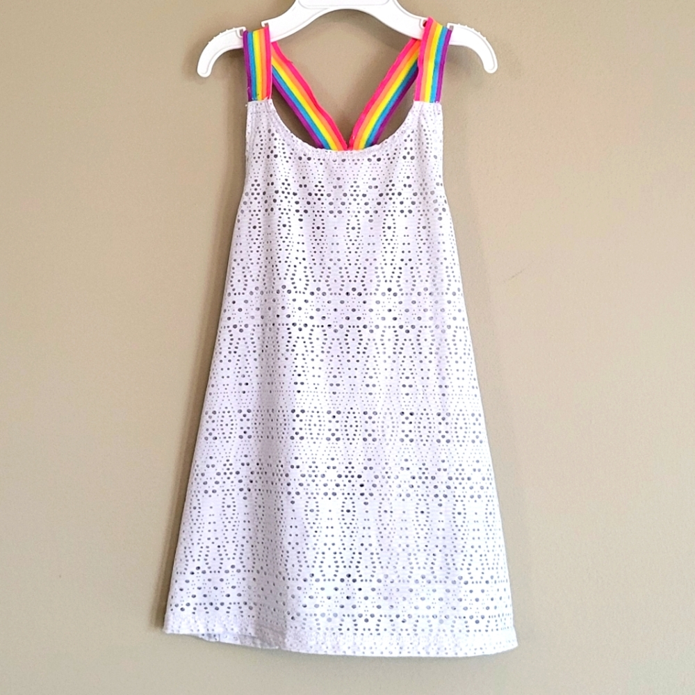 White Coverup with bright rainbow straps
